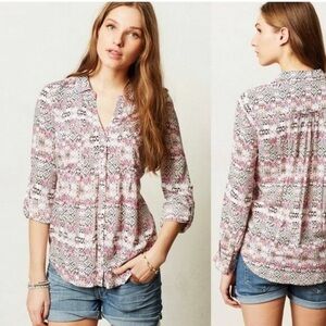 Anthropologie MAEVE Pink Islet Geometric Print Button Front Blouse XS